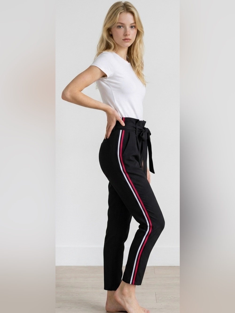 NWT New York & co High-Waist Black Paperbag striped side belted Pants size 14